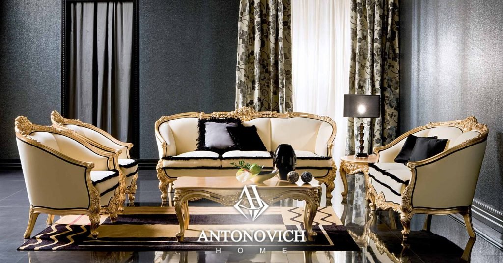 Трёхместный диван Silik коллекция ADONE, отделка белый с золотом. Ткань с чёрной каймой. Подушки с чёрной бахромой
